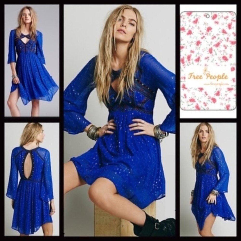 Free People All You Need Dress S NWOT Embroidered Chiffon Cut-Out Bell Sleeves - Picture 3 of 7